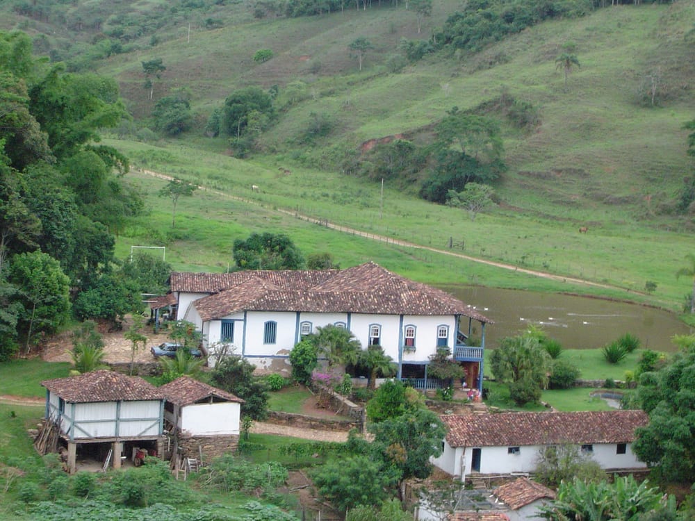 Vista da fazenda no vale, cercada de mata